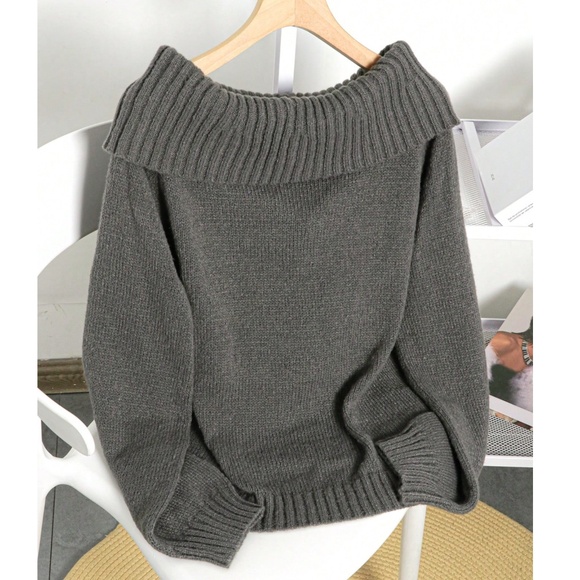 Cozy Solid Fold over Off Shoulder Knit Sweater Top - Picture 5 of 8
